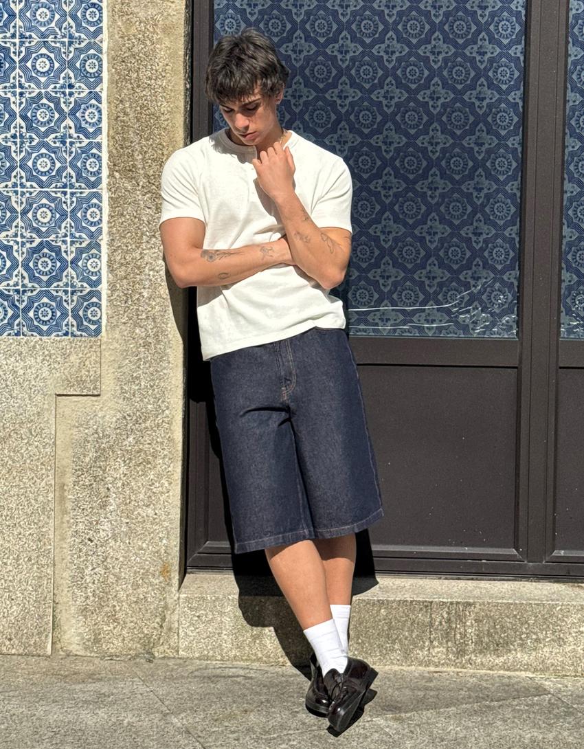 Baggy denim Bermuda shorts-Navy