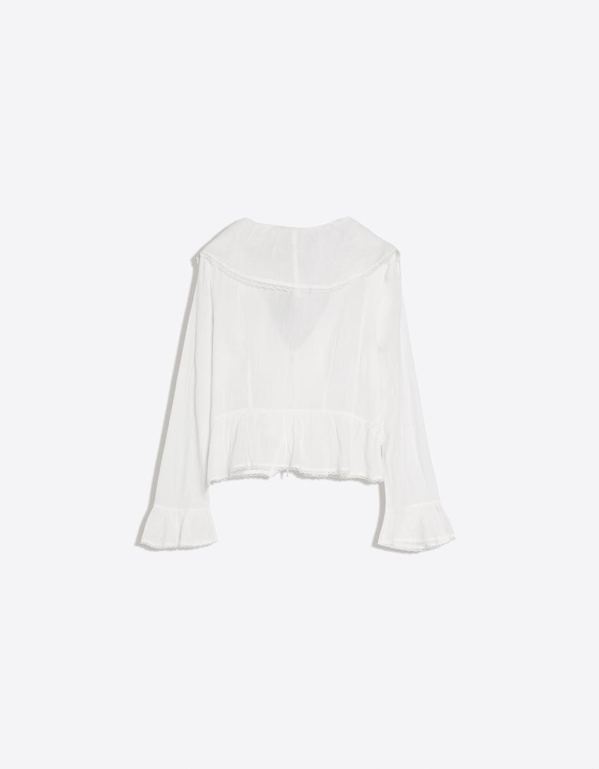 Blouse manches longues rustique à volants-Blanc