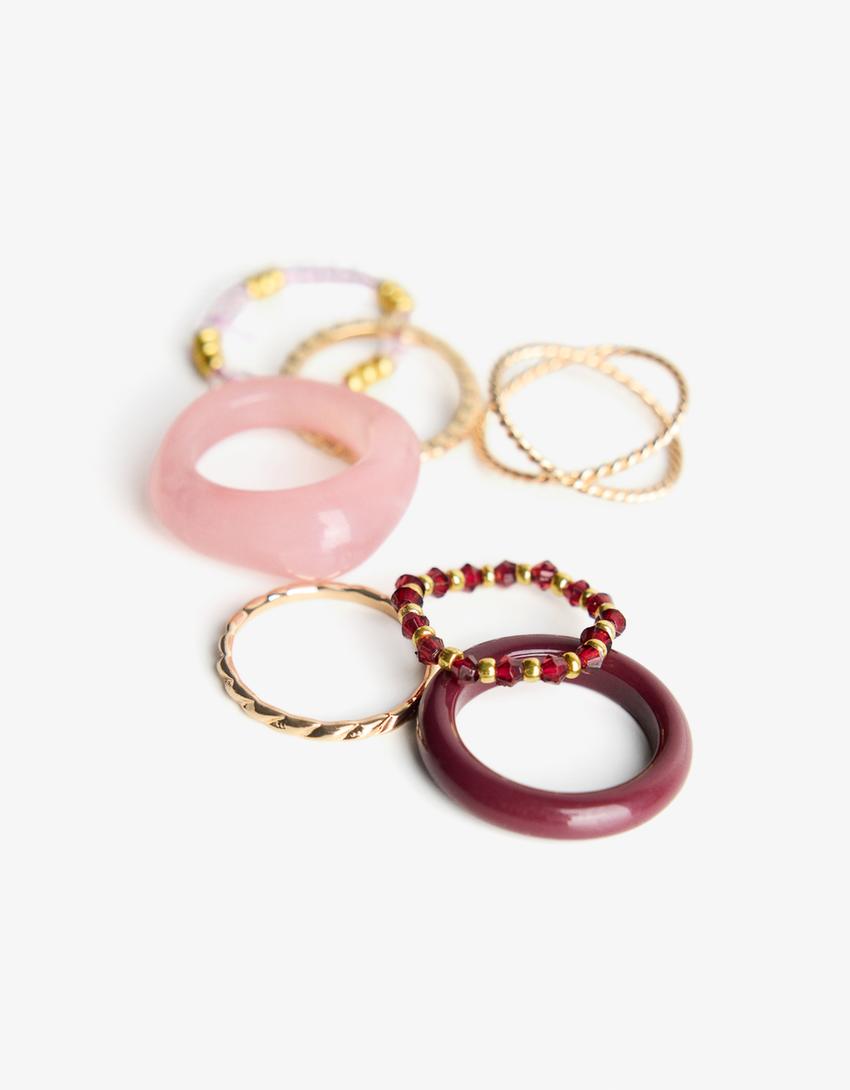 Set di 8 anelli con strass-Oro-1