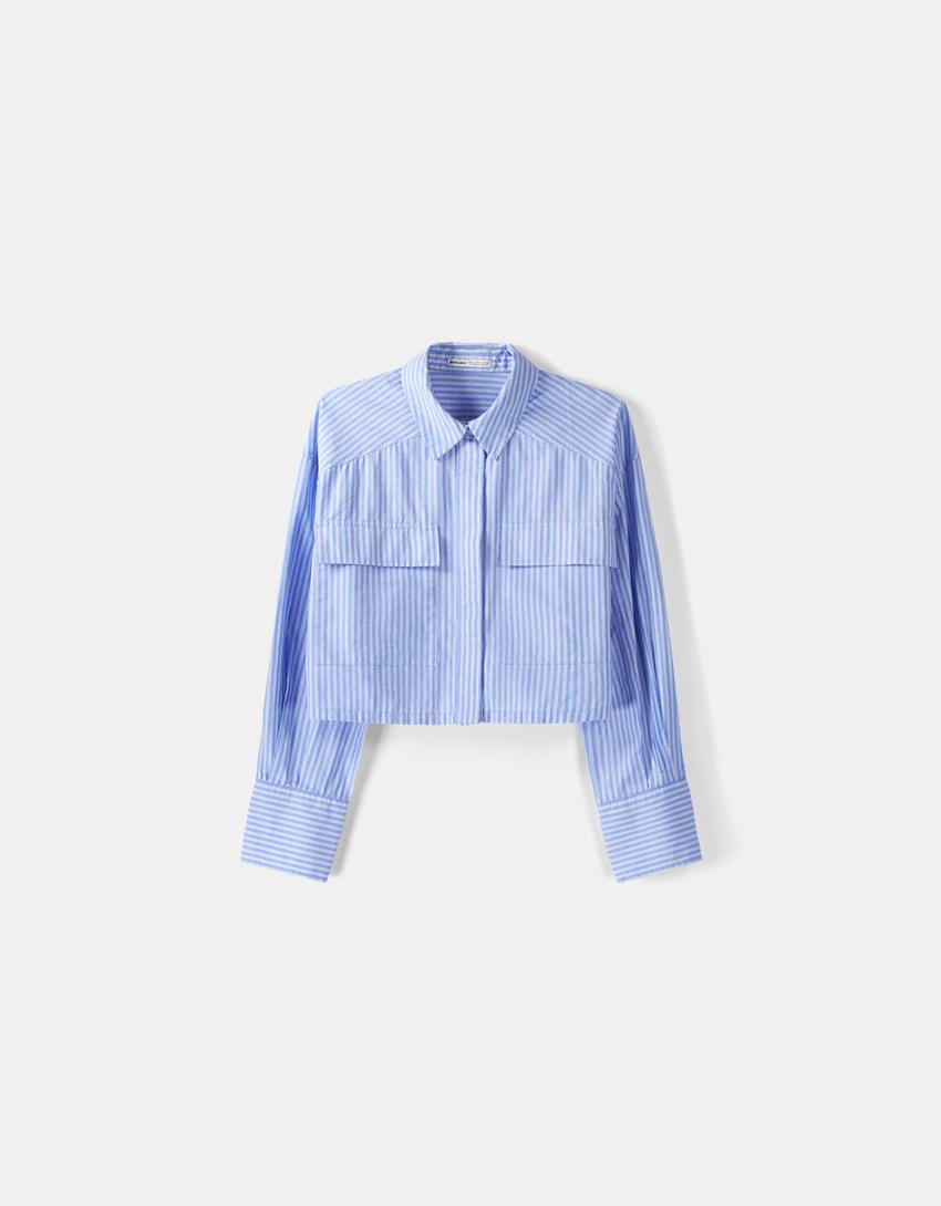 Long sleeve cropped poplin shirt with pocket-Blue