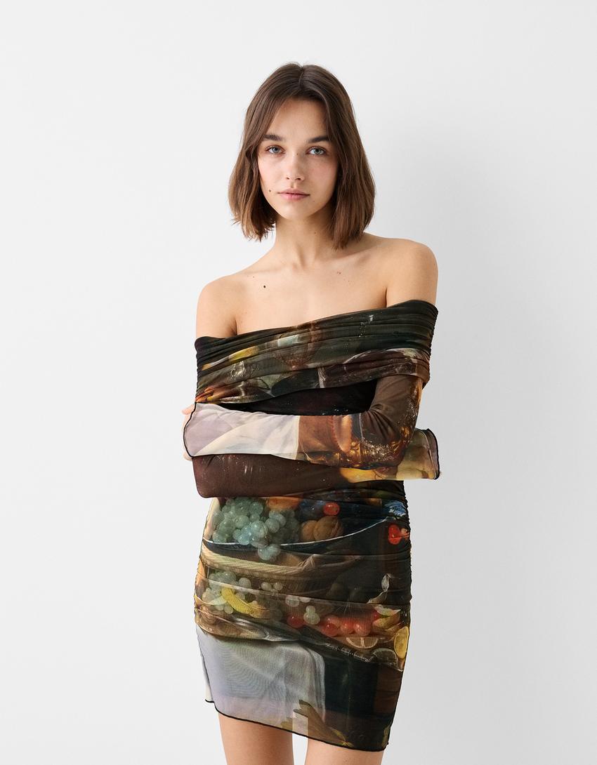 Vestido Jan Davidszoon de Heem mini manga comprida bardot tule estampado-Preto-1