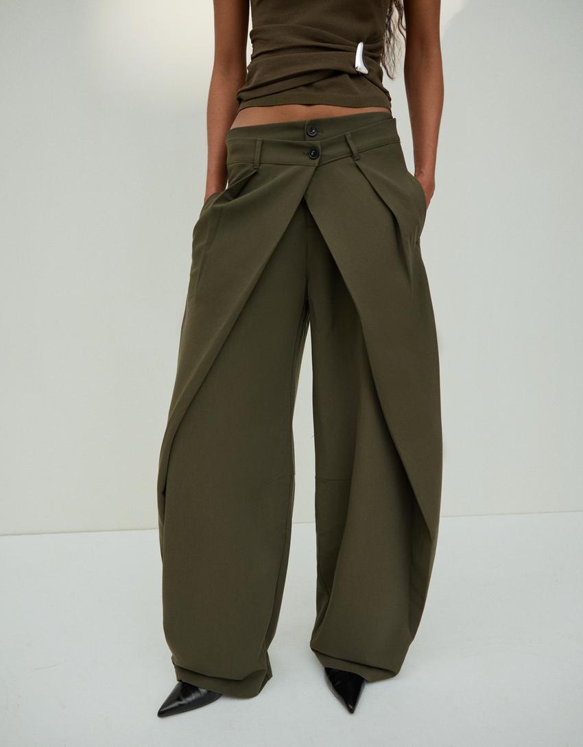 Pantalone barrel kroja sa naborima-Kaki