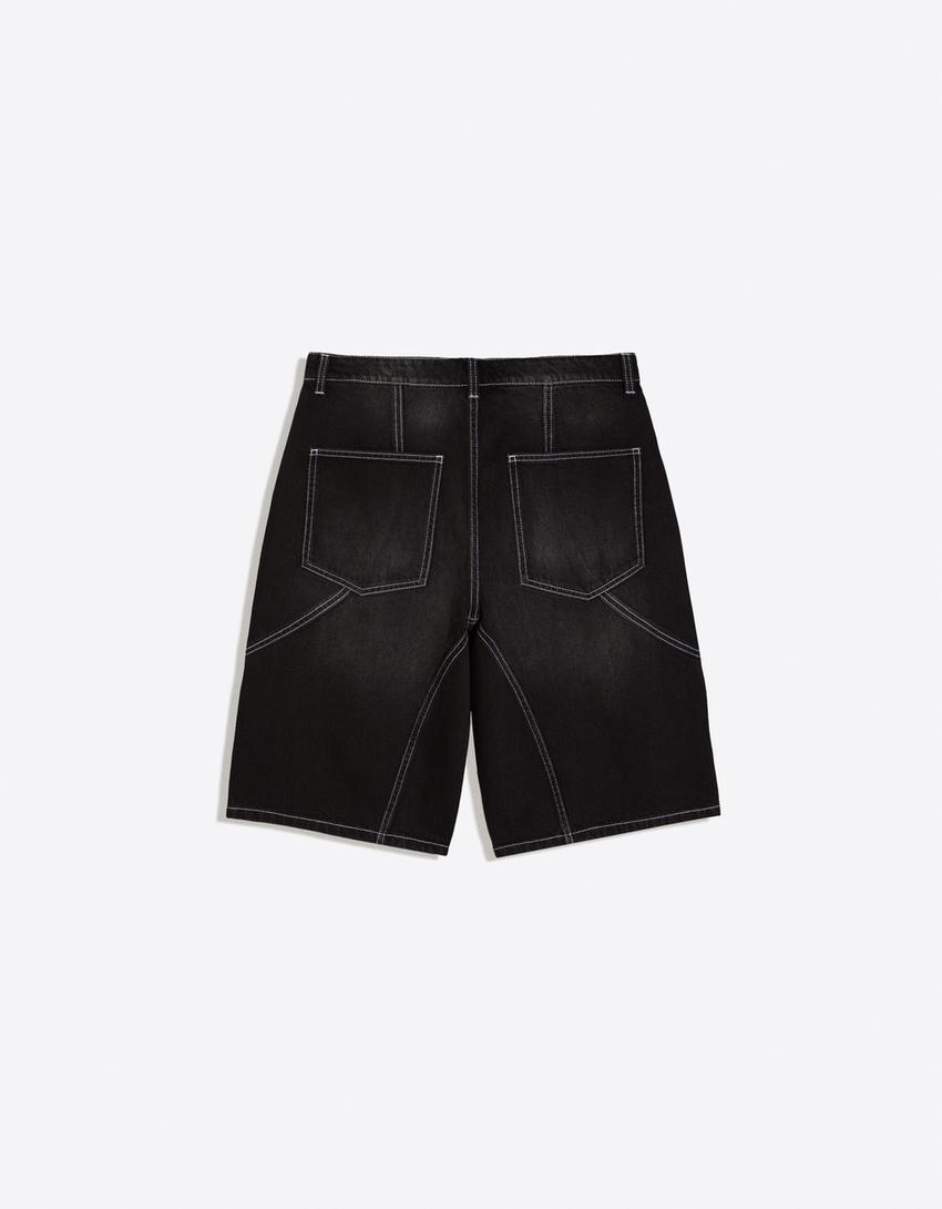 Süslü düğmeli baggy fit denim bermuda-Siyah
