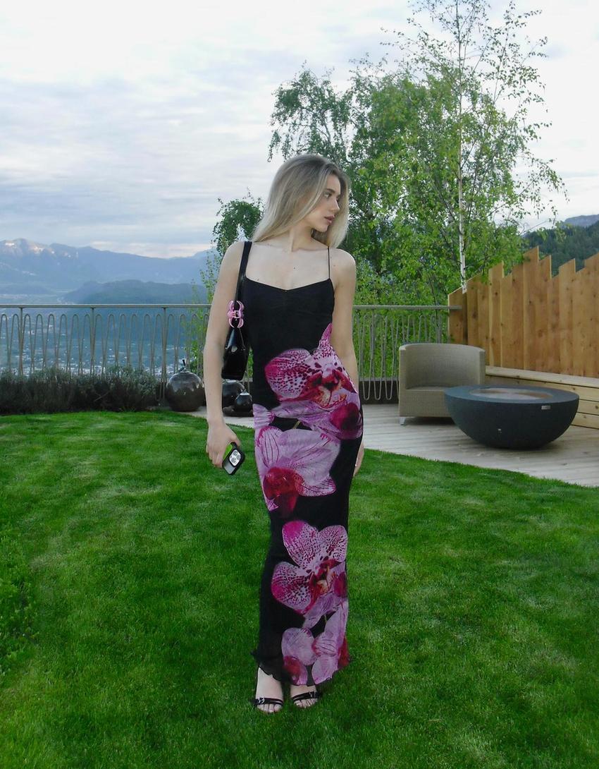 Robe midi bretelles tulle imprimé-Noir-2