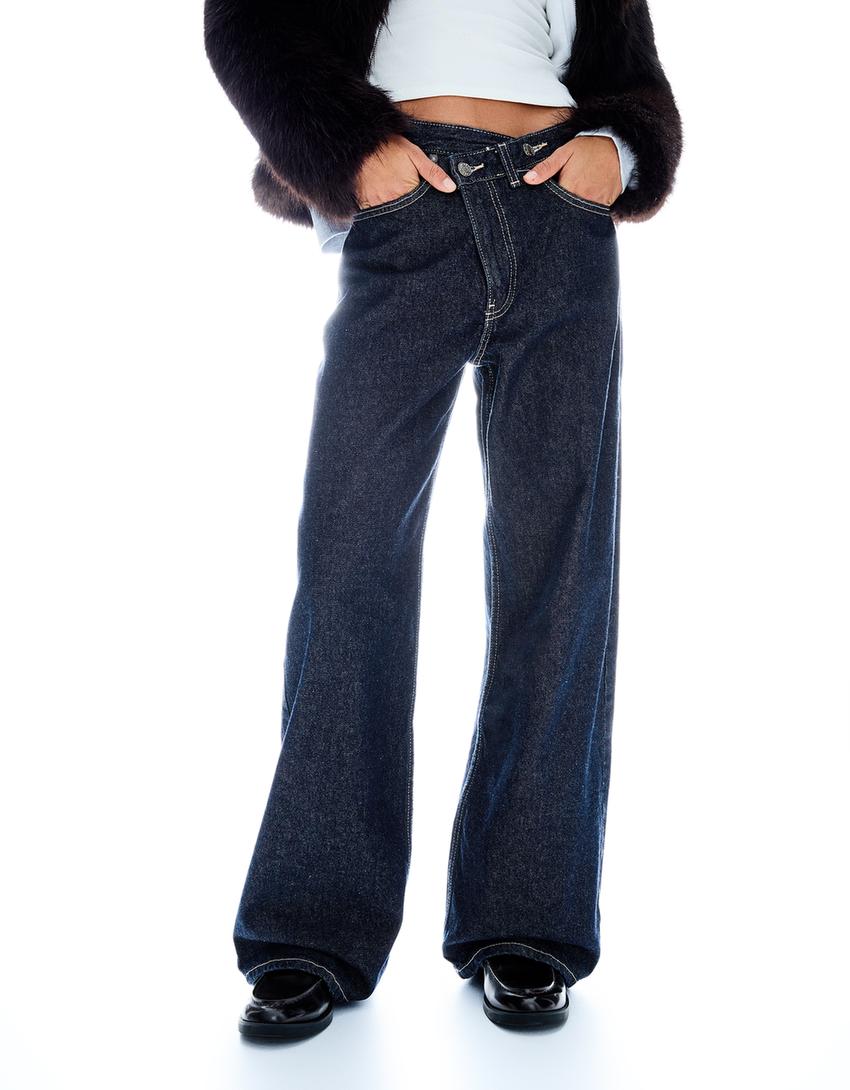 High-waist wide-leg jeans with crossover waist-Navy
