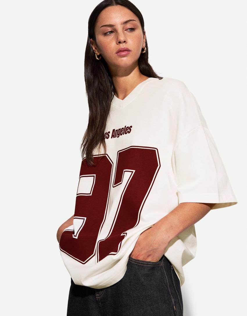 Printed short sleeve V-neck T-shirt-Off white-1