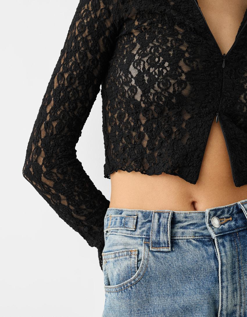 قميص دانتيل بأكمام طويلة وسحاب-أسود-5