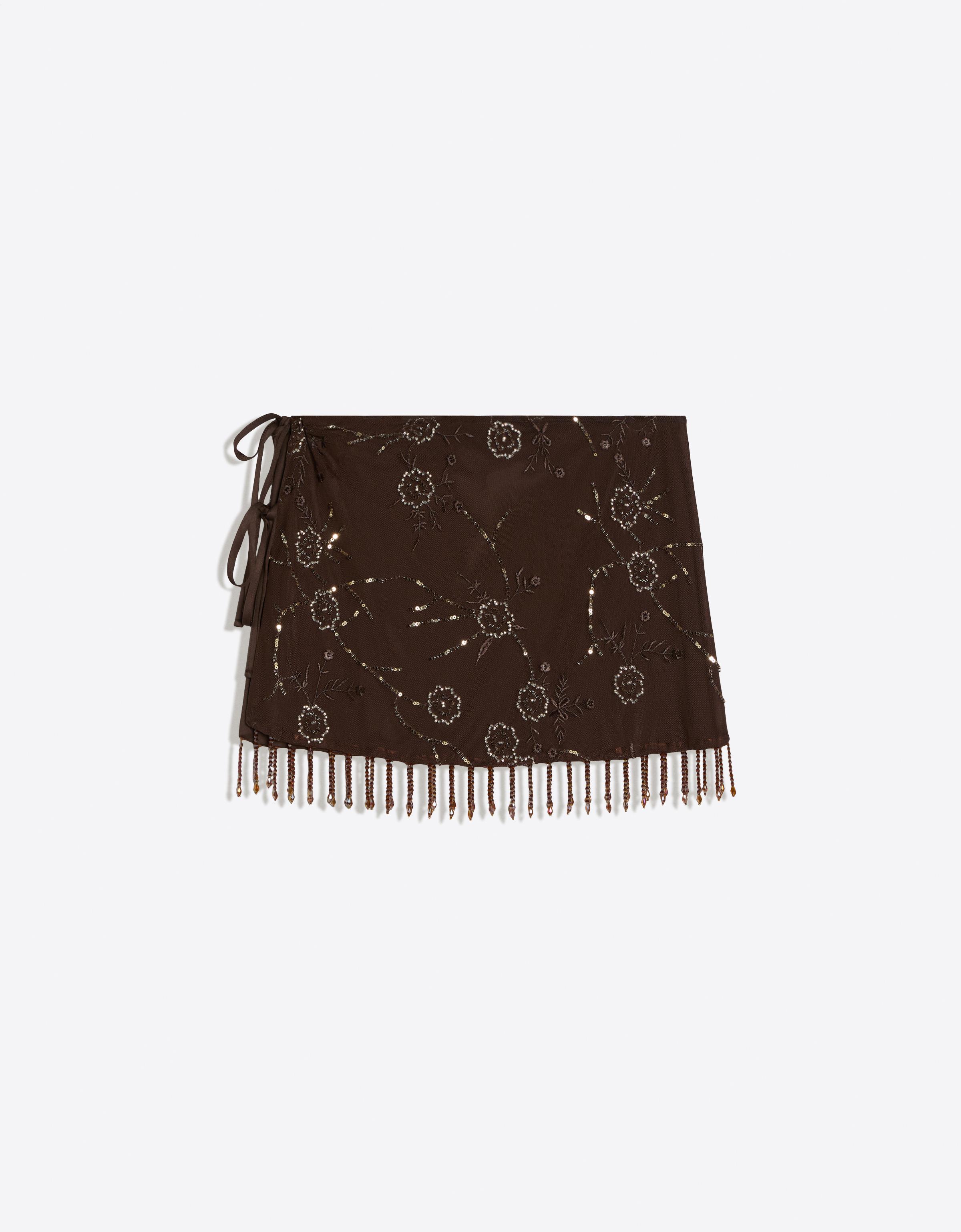 Bead-embroidered pareo skirt — Brown