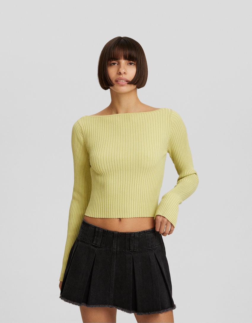 Ribbed boat neck sweater-Green-0