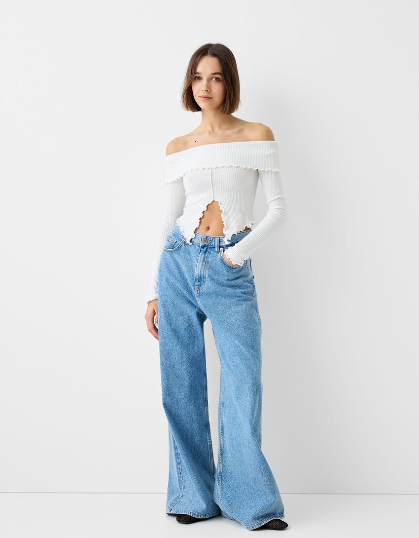 سويتر بياقة باردو وأكمام طويلة-أبيض مطفي-3