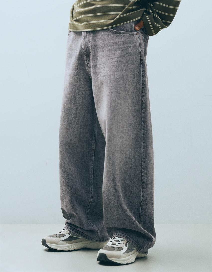 Jeansy o kroju super baggy-Szary