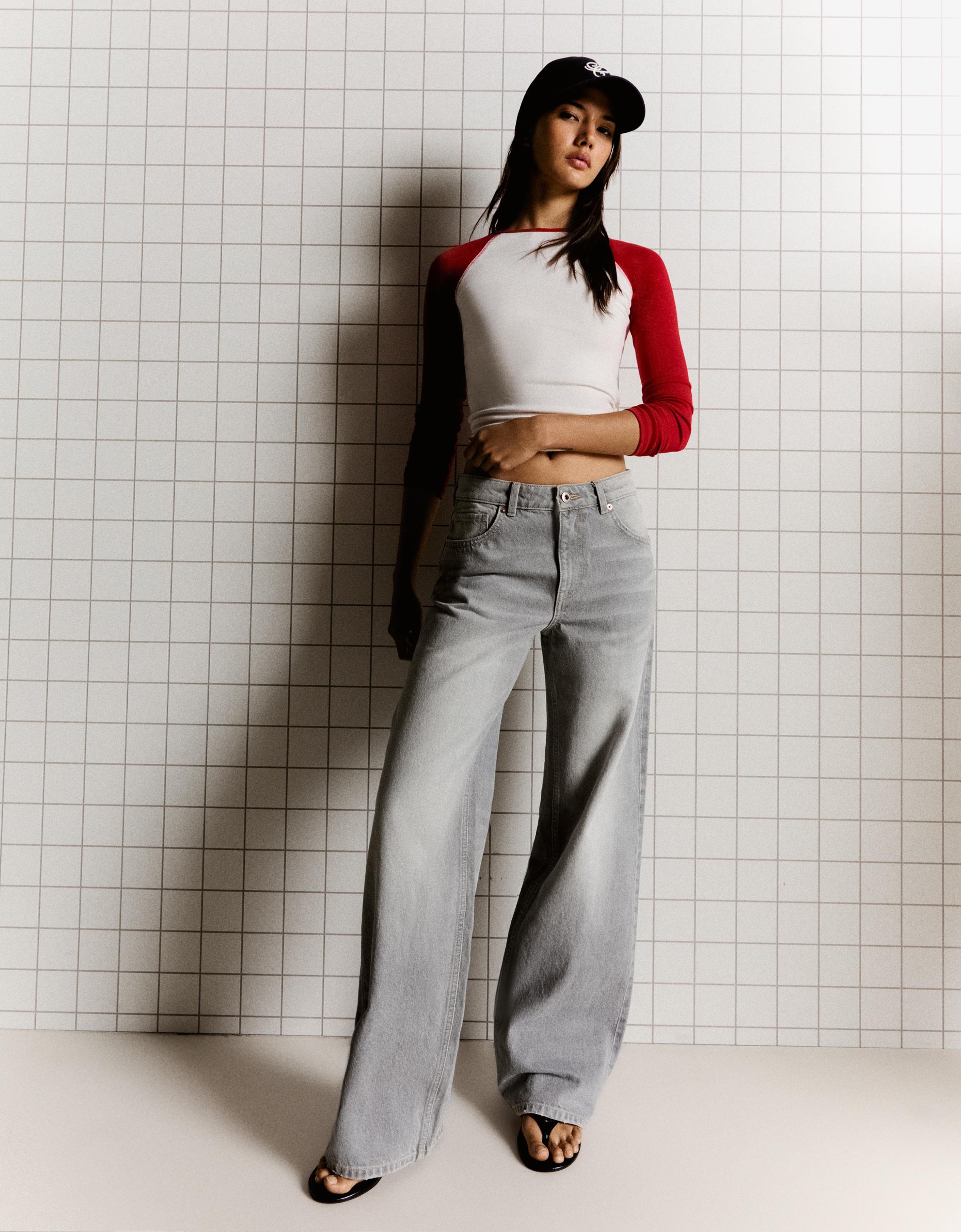 Bershka Jeans Wide Straight Tiro Alto Mujer Gris