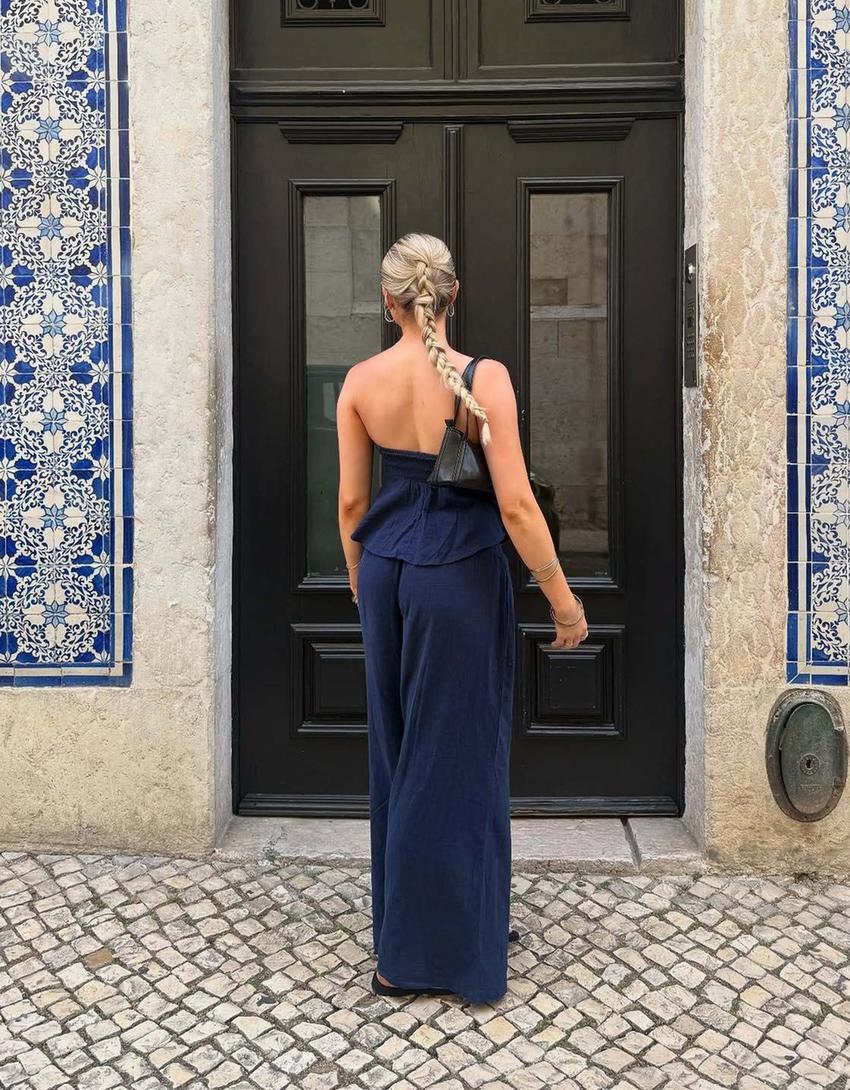 Wide leg rustieke broek met bandplooi-Marineblau