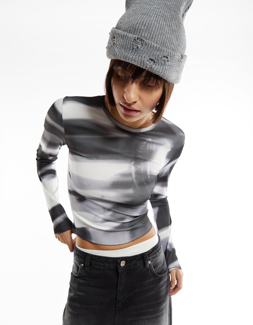 Printed ribbed long sleeve T-shirt-Grey-3