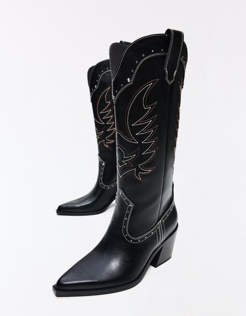 Cowboy studded heel boots-BLACK