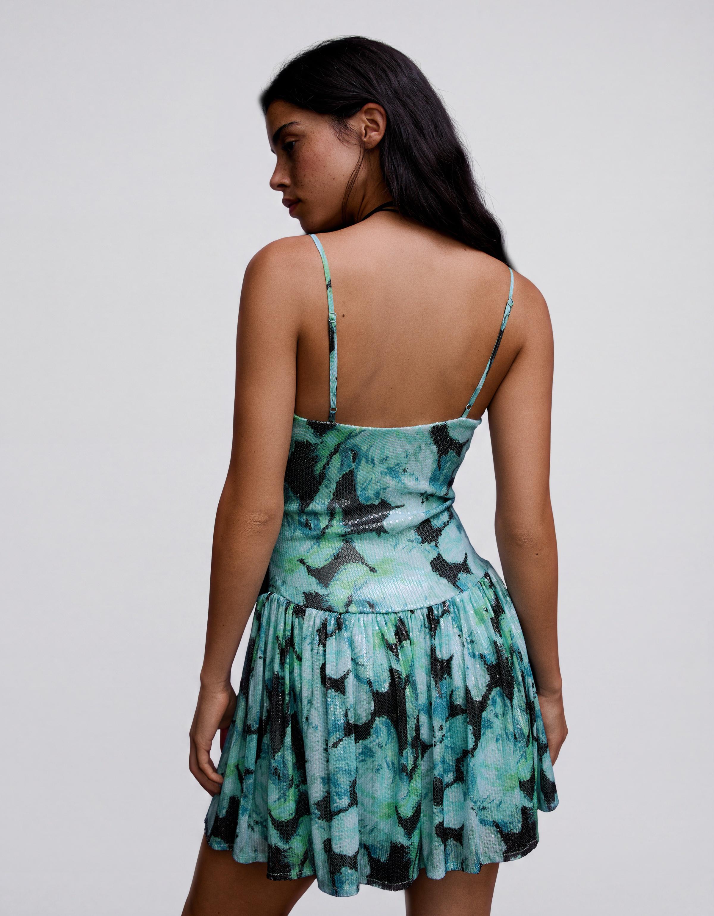 Strappy sequin mini dress with flared skirt — Turquoise