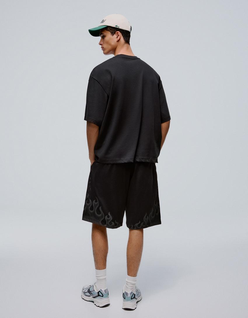 Printed mesh Bermuda shorts-Black