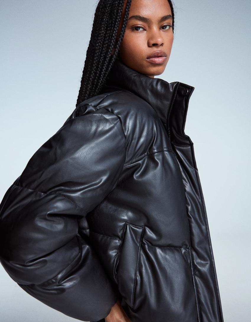 Leather effect puffer jacket-Black