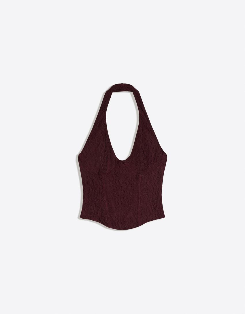 Dantelli korse halter top-Bordo
