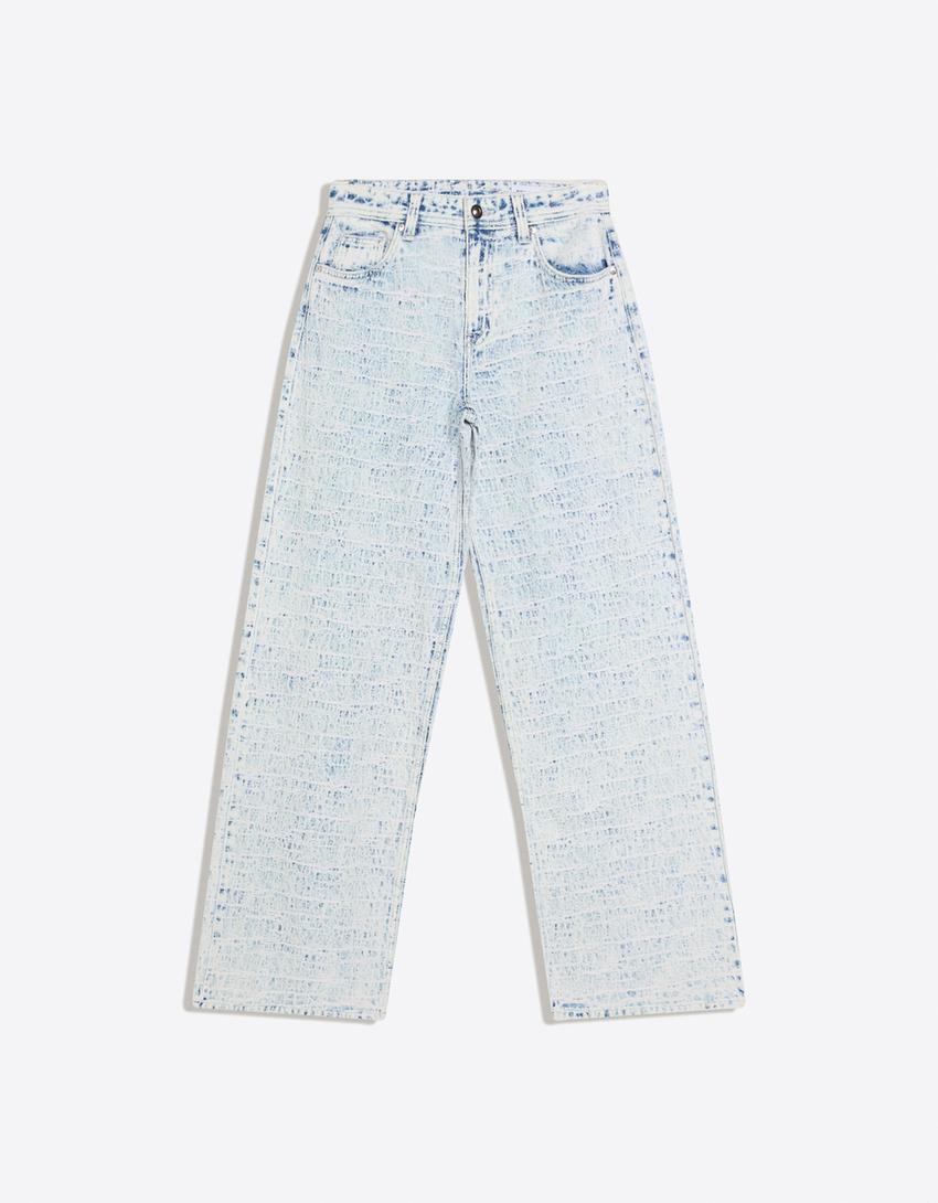 Jacquard Boyfriend Jeans mit tiefem Bund-Ausgewaschenes Blau