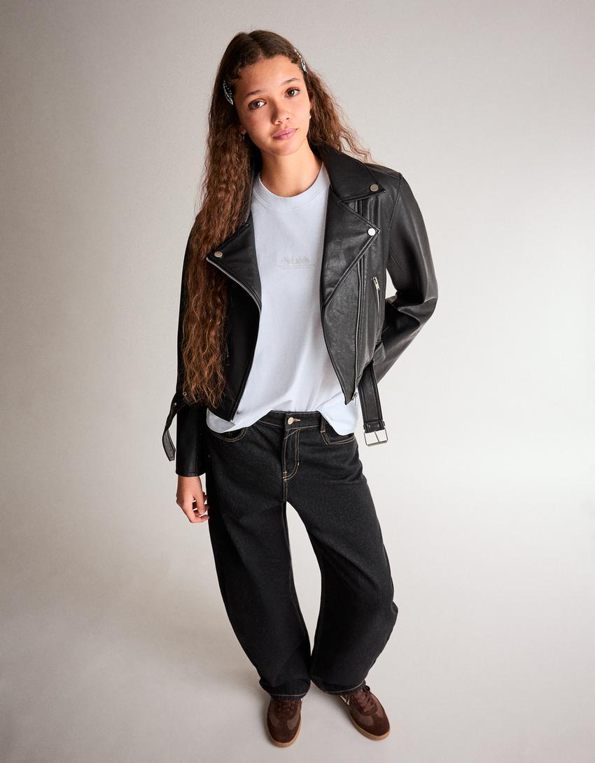 Bikerjacke aus Kunstleder-Schwarz