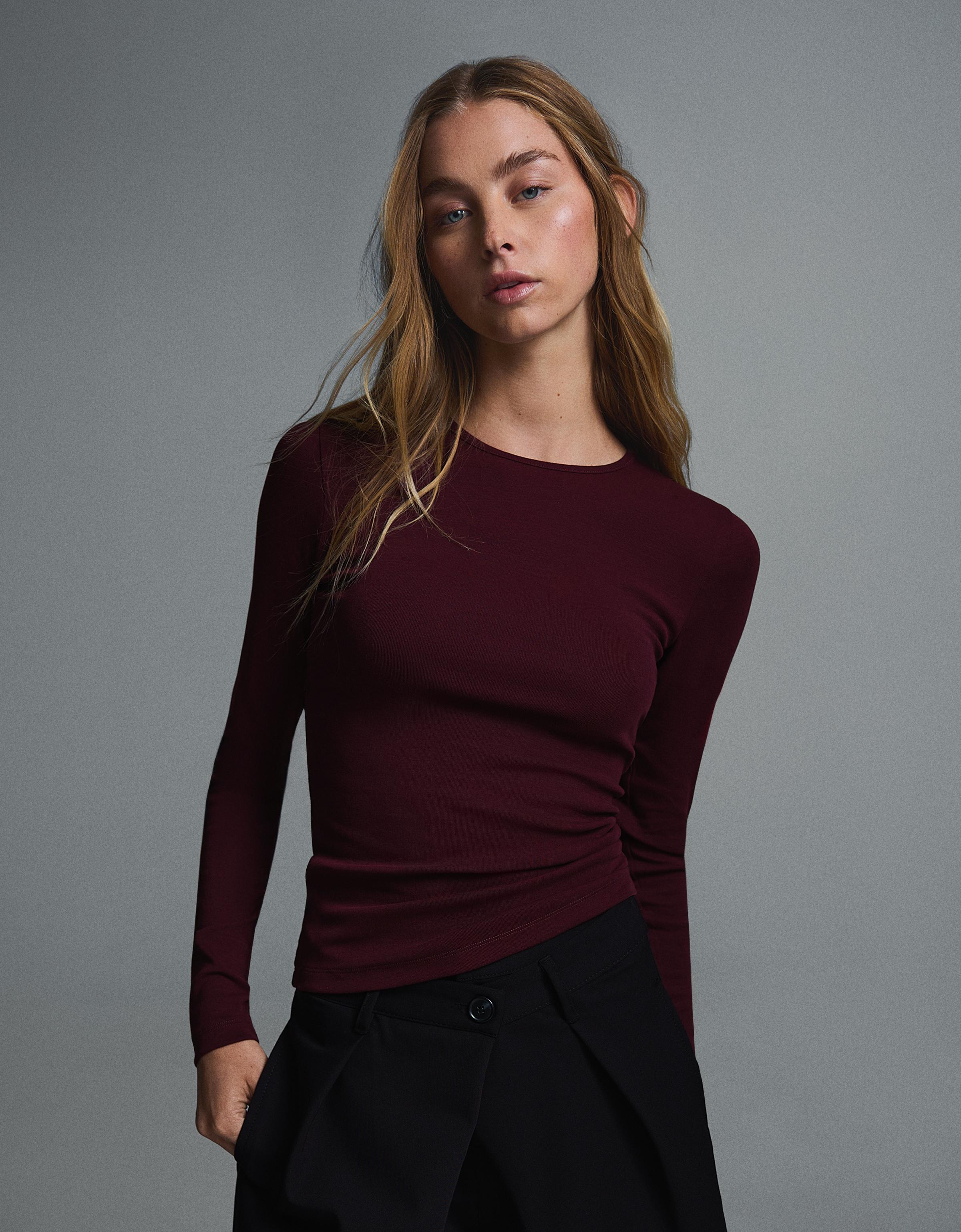 Bershka Camiseta Manga Larga Cuello Redondo Mujer Burdeos