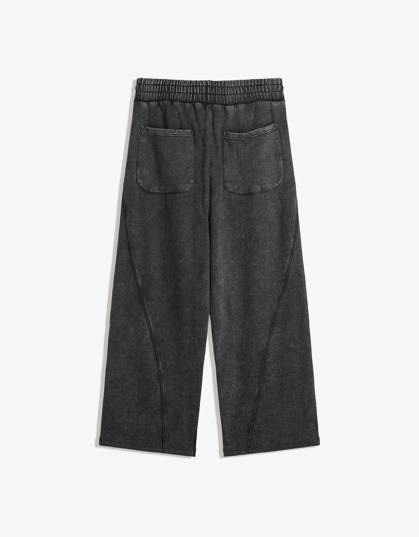 Yıkanmış görünümlü süper baggy fit pantolon-Gri-4
