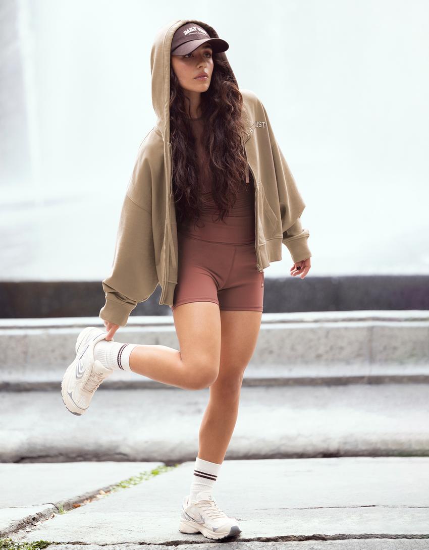 Embroidered zip-up hoodie-Camel-0