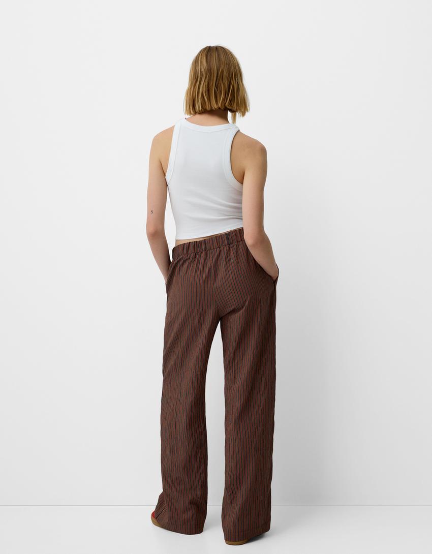 Calças direitas às riscas com cintura elástica-Marrom-2