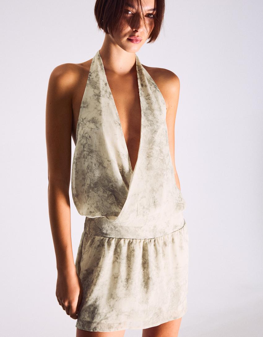 Halter neck mini wrap dress-Sand