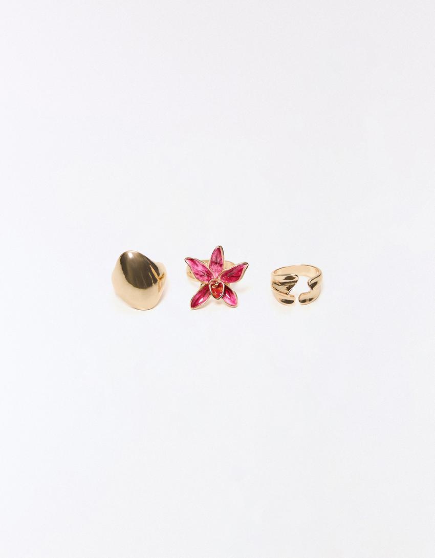 3’lü çiçek yüzük seti-Altın