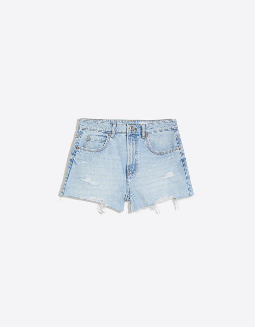 Short denim déchiré-Bleu lavé