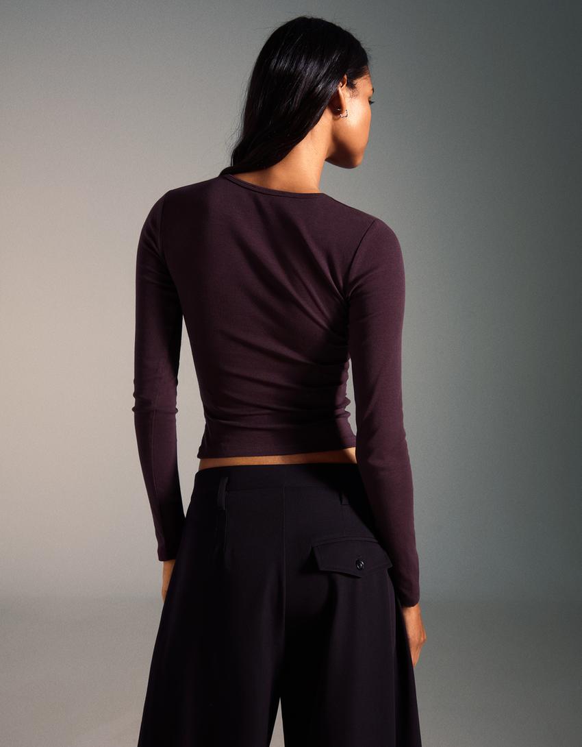 T-shirt à manches longues froncé imprimé-Violet