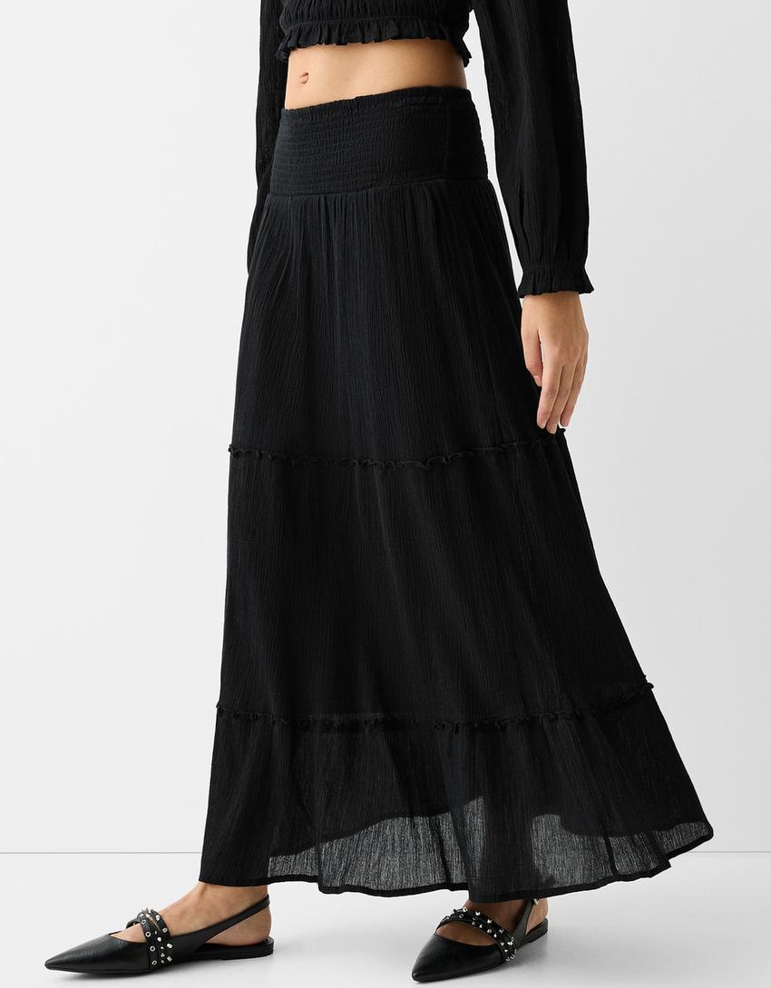 Long crepe skirt-Black-1