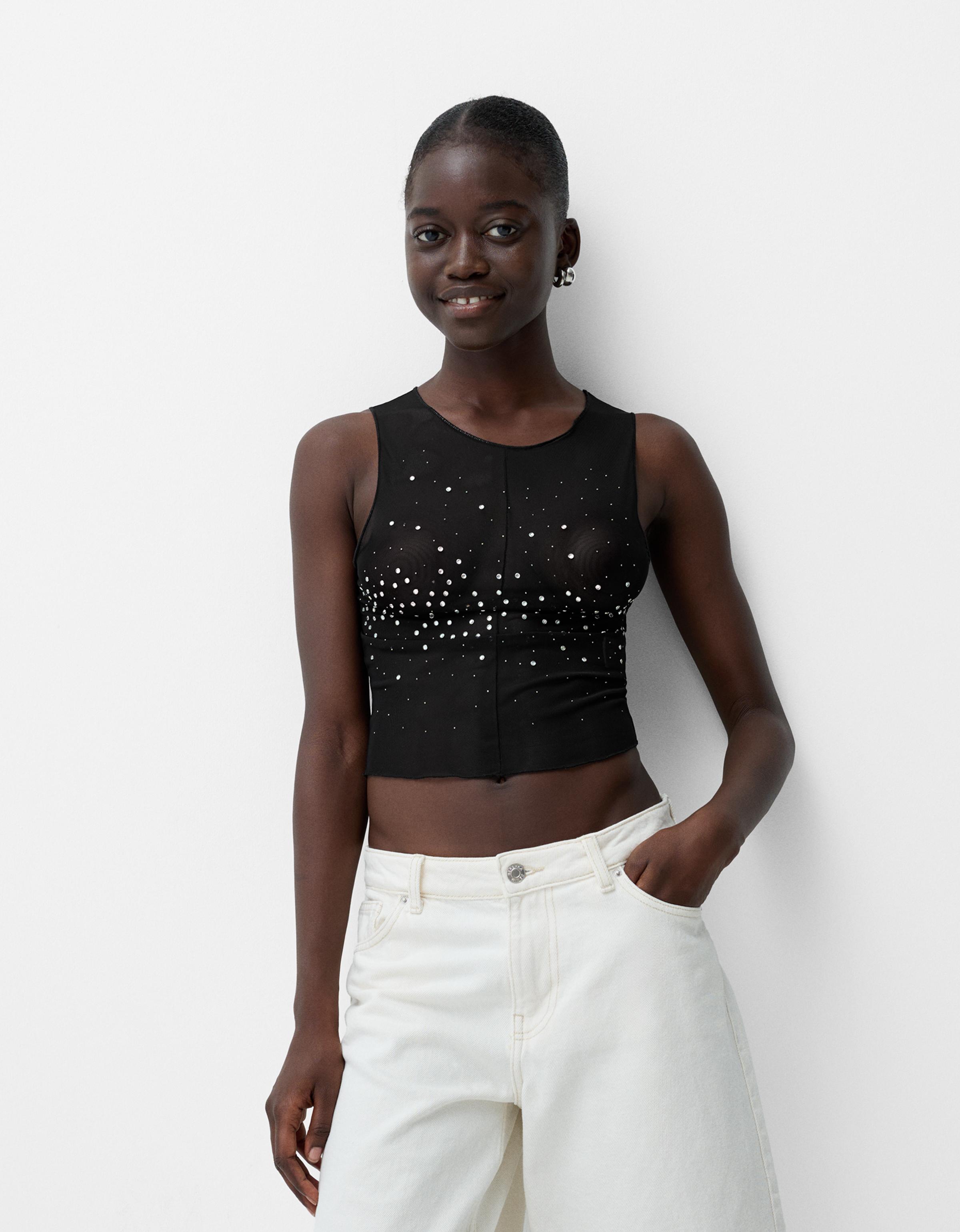 Bershka Ärmelloses Shirt Aus Tüll Mit Strass Damen Xs Schwarz