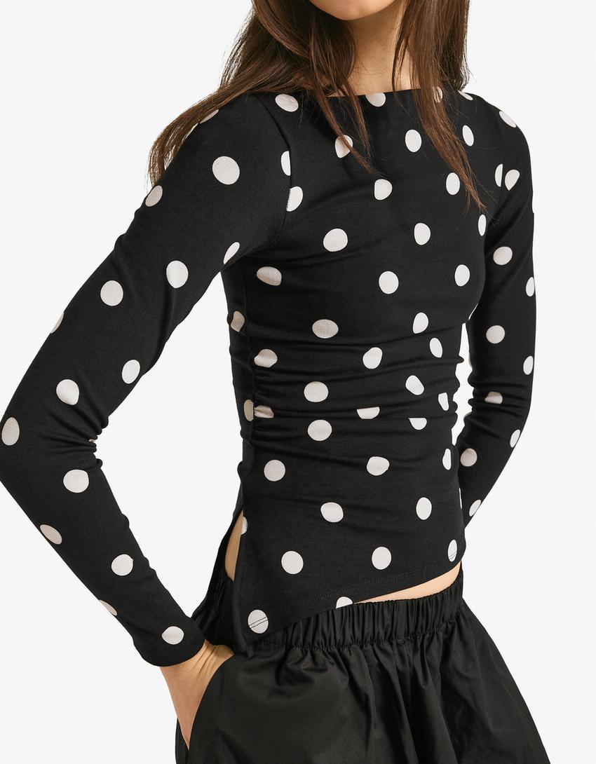 Asimetrik uzun kollu tişört-Beyaz/Siyah