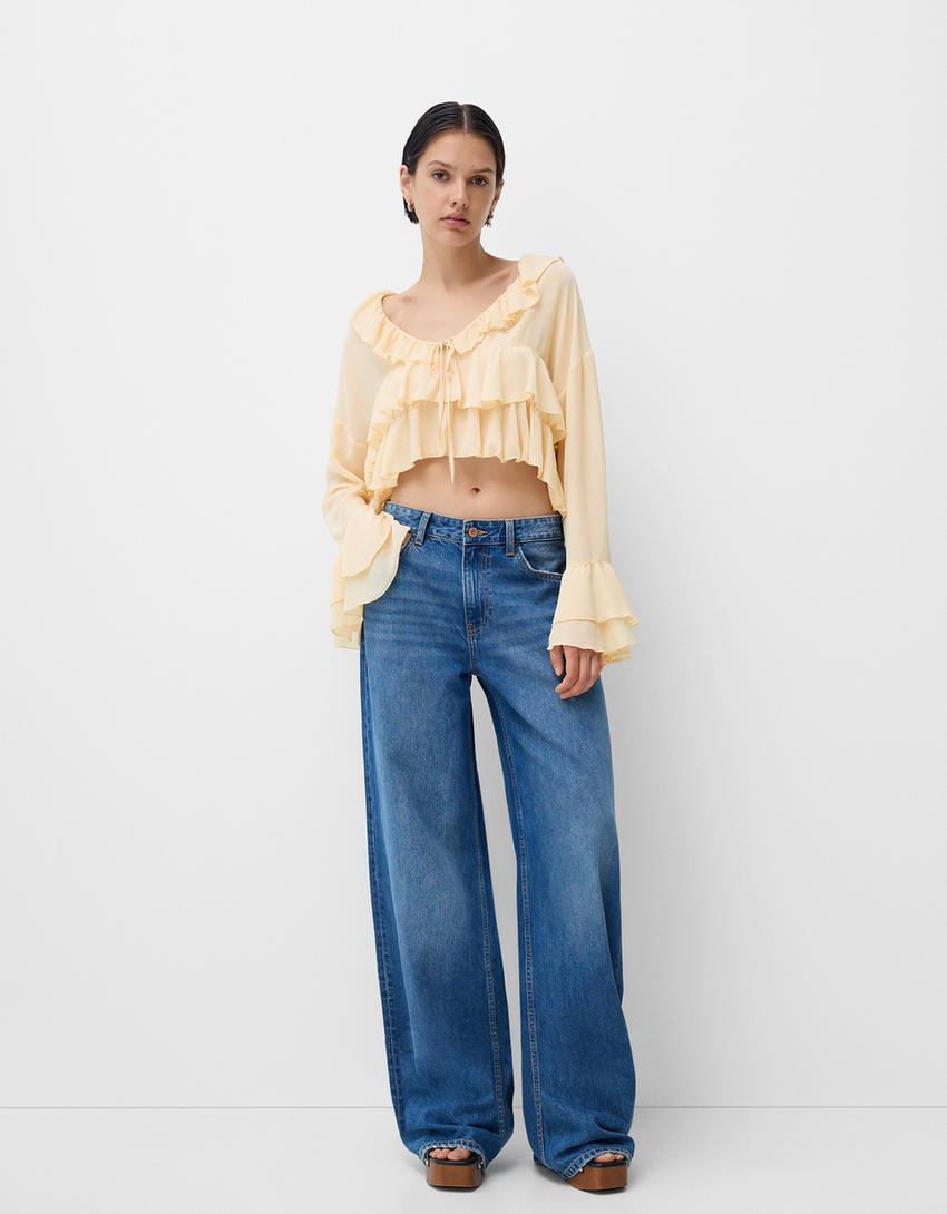 قميص شيفون بكشكش وتفصيل ربطة أمامية-زهري-3