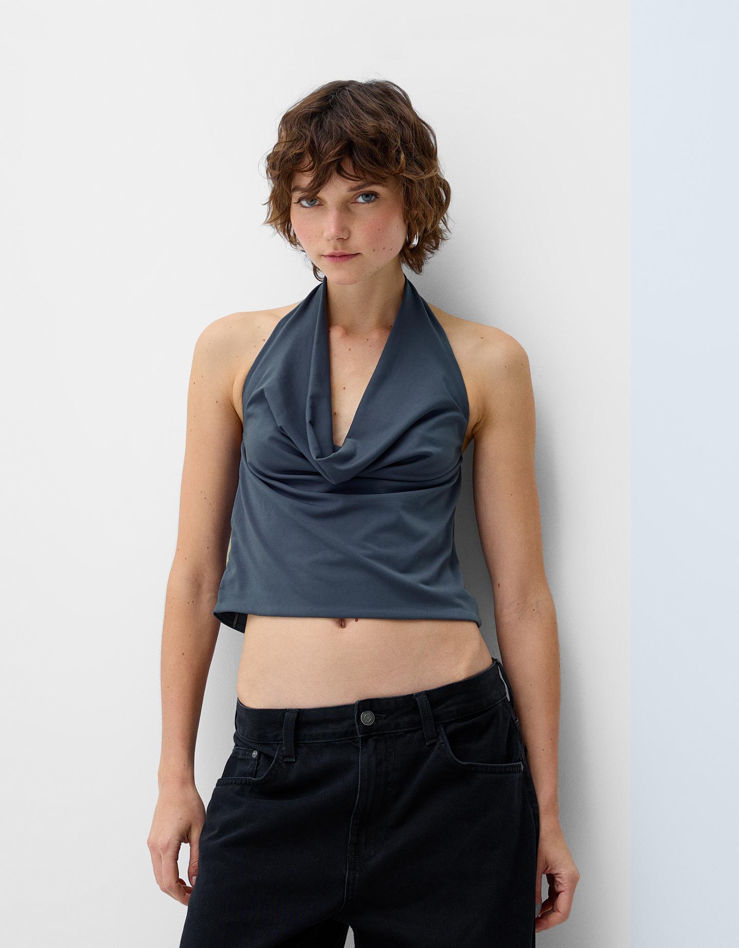 Bershka Top Fluido Halter Mujer S Gris Oscuro