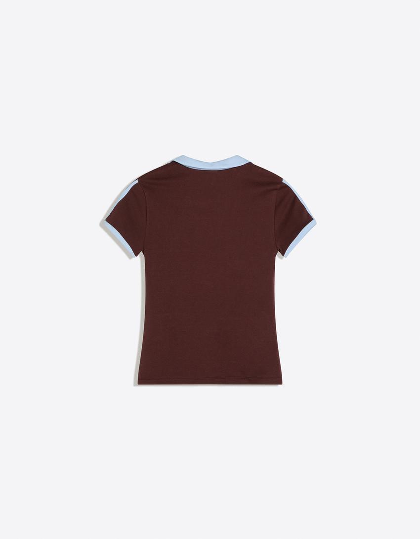 Short sleeve polo collar print T-shirt-Brown