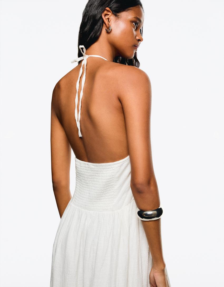Vestido midi cuello halter volantes-Blanco