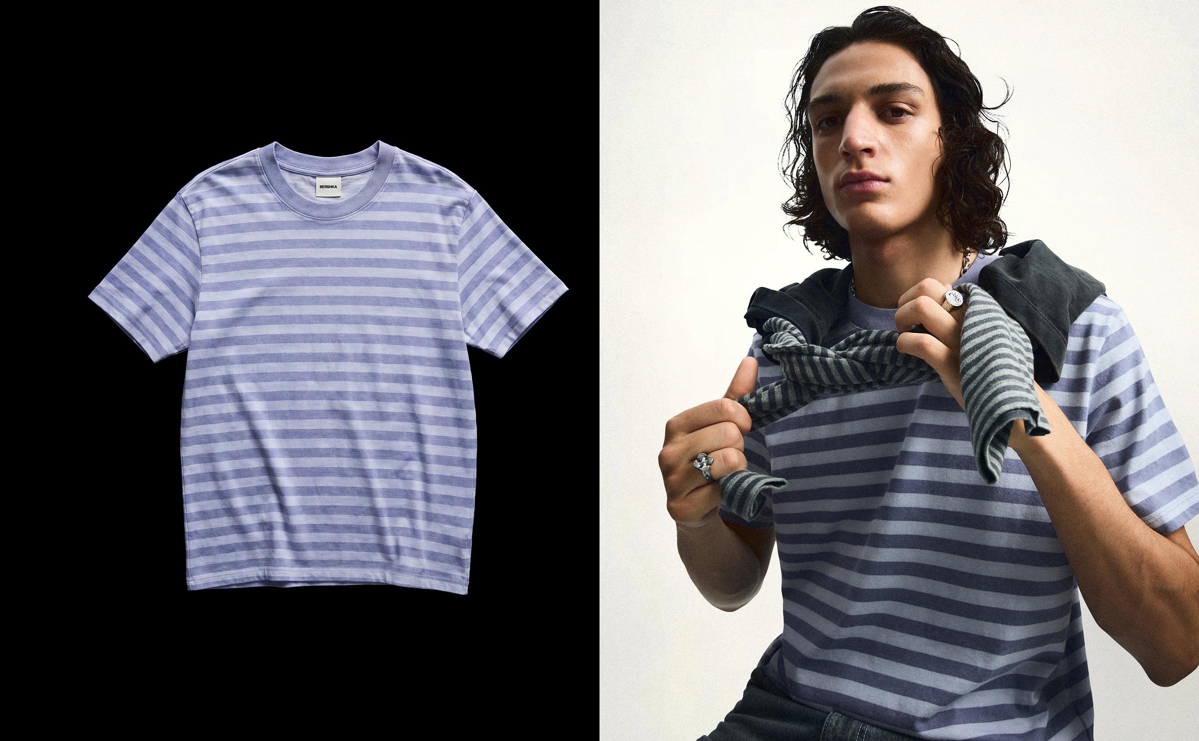 Washed stripe short sleeve T-shirt — Blue
