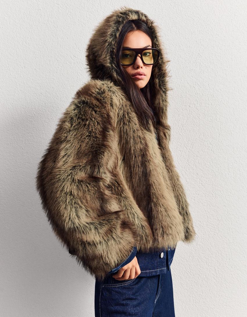 Veste fausse fourrure capuche-Marron-1