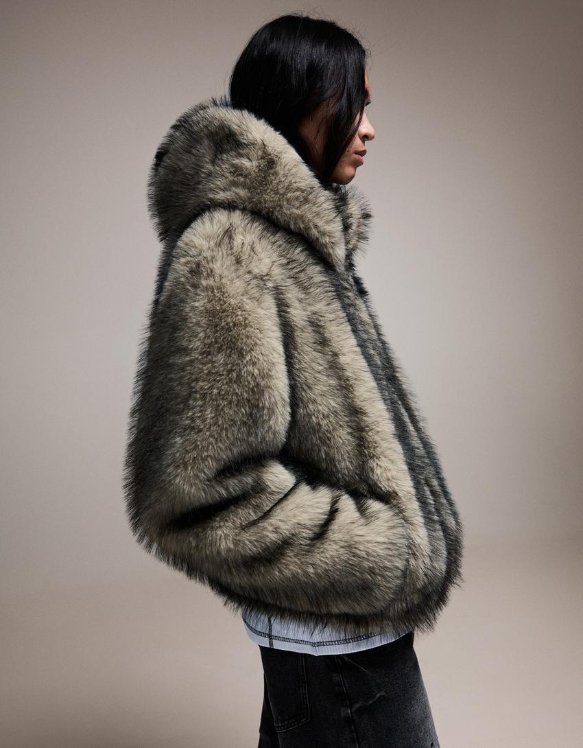 Blouson fausse fourrure capuche-Gris