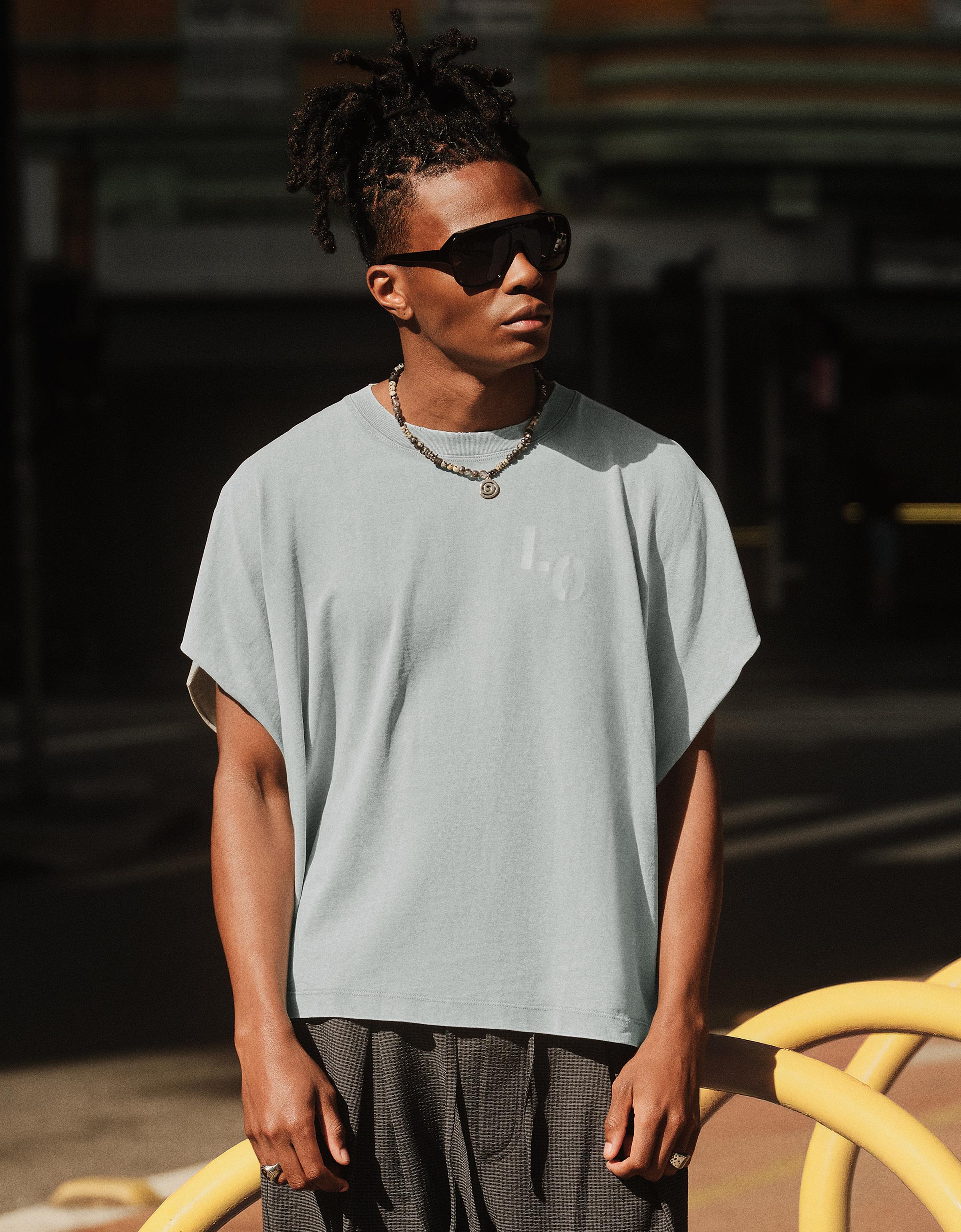 Bershka Camiseta Worker Oversize Print Hombre Azul Lavado