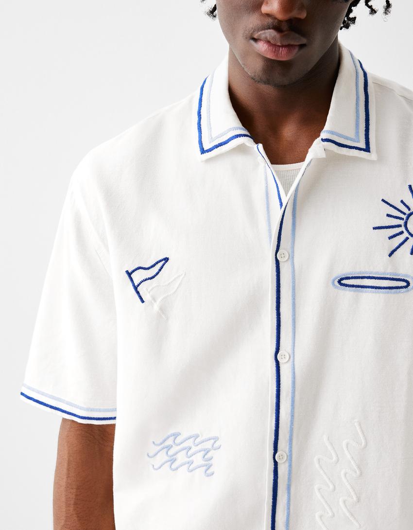 Chemise à manches courtes broderies-Blanc cassé-2