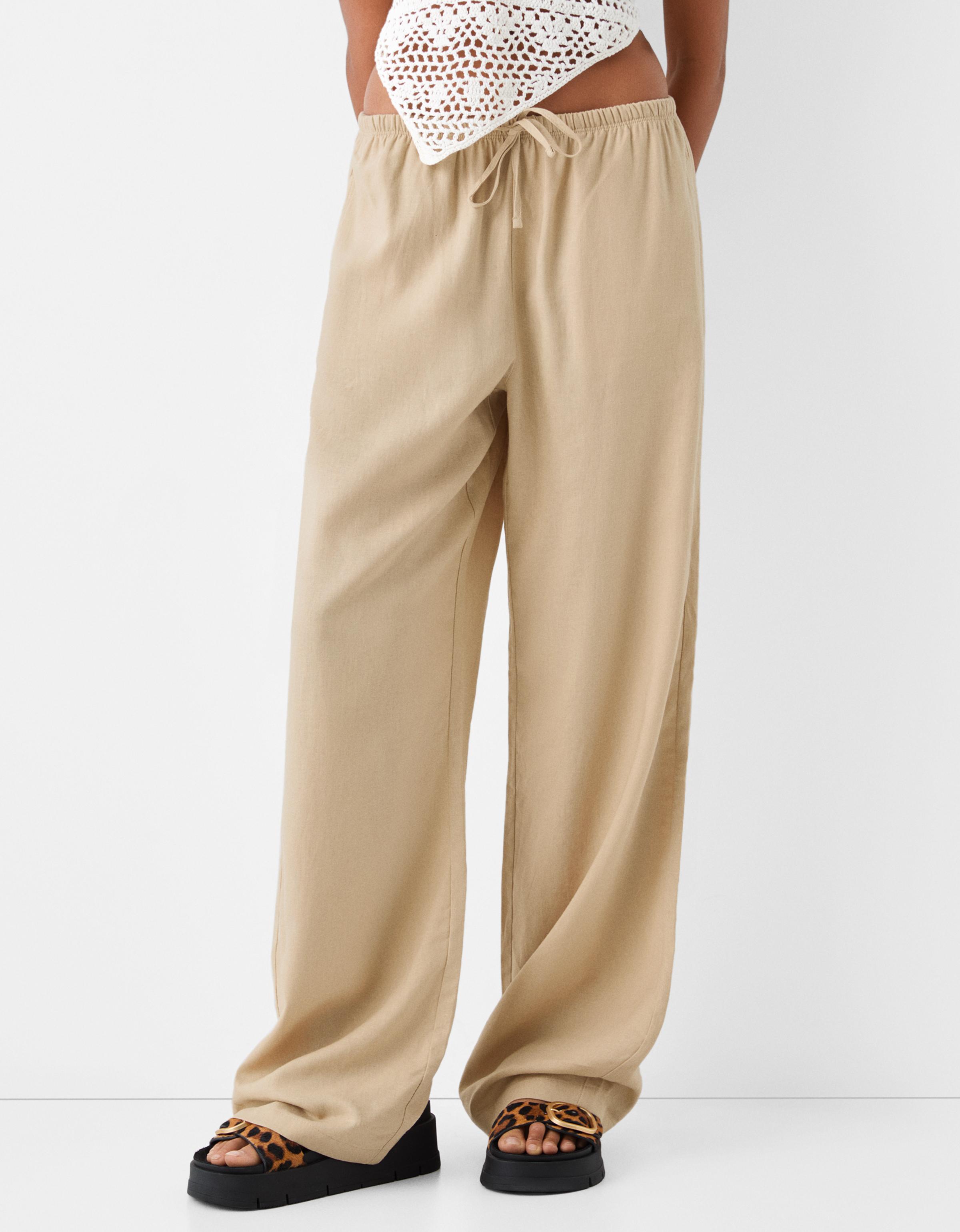 Bershka Straight-Fit-Hose Mit Leinen Und Stretchbund Damen M Sandfarbe