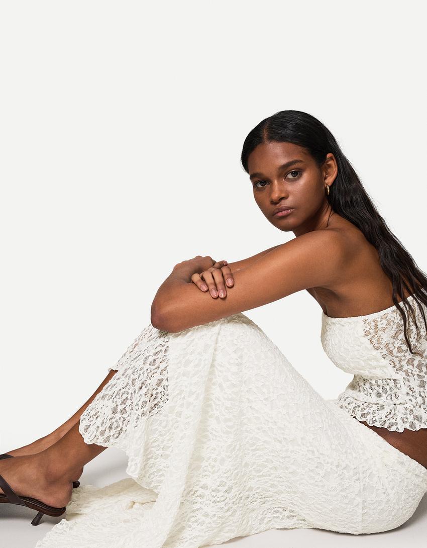 طقم من توب بدانتيل شريطي وتنورة ميدي-طقم من توب بدانتيل شريطي وتنورة ميدي