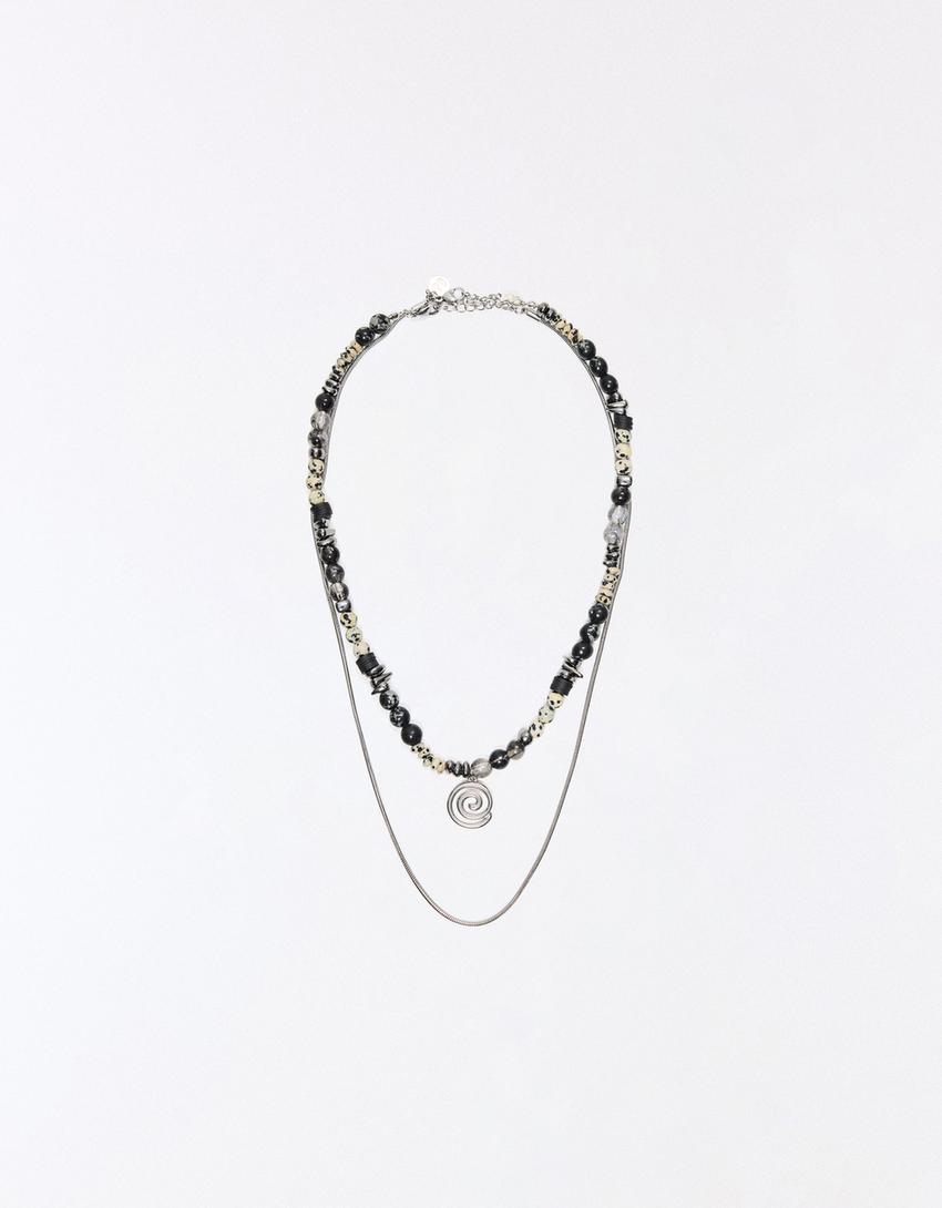 Stainless steel and stone necklace-Black