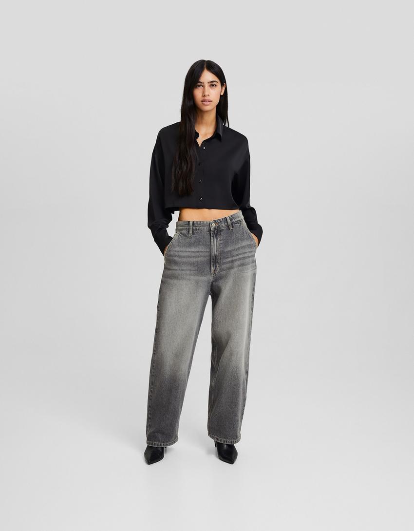 Satin long sleeve cropped shirt-Black-3
