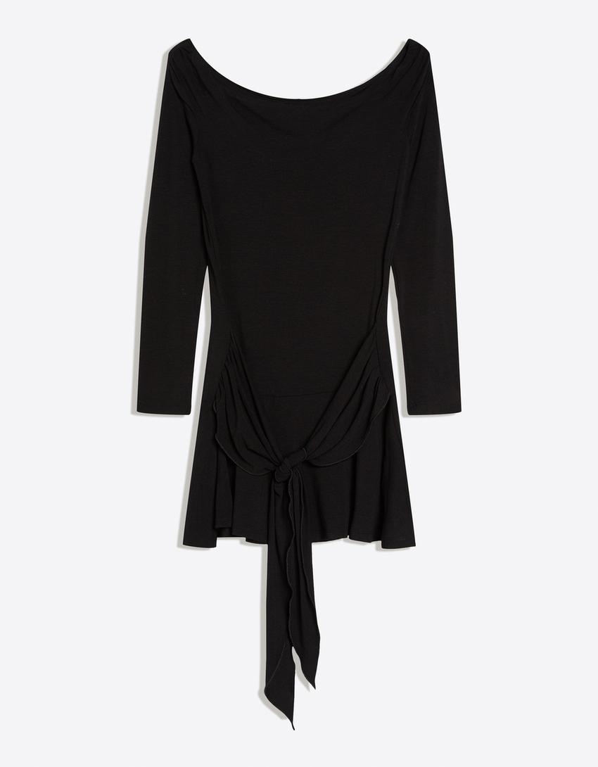 Asimetrična mini haljina sa karnerima i vezivanjem-Crna